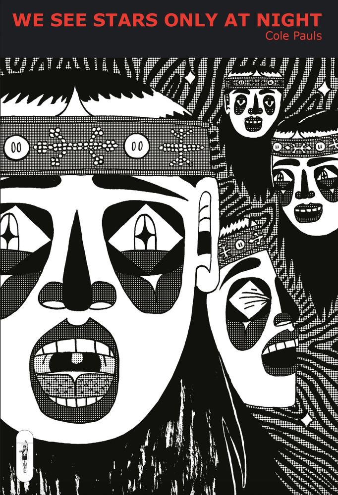 Book cover for we see stars only at night by Tahltan comic artist Cole Pauls ‬ (Conundrum Press). Lłēge zedle s̱on nes̱it’īn (Tahltan for we see stars only at night) is a surrealistic landscape of Tahltan shapes, culture and motifs. Originally created for the Nanaimo Art Gallery’s group show “Gutters are Elastic” between July 15 to September 23, 2023, Pauls decided to expand the work into a full length book. Playing with the connection between land, regalia, performance and heritage, Pauls follows in the footsteps of Tiger Tateishi, Hironori Kikuchi and Michael Nicoll Yahgulanaas with his dreamlike narrative. https://conundrumpress.com/product/we-see-stars-only-at-night/