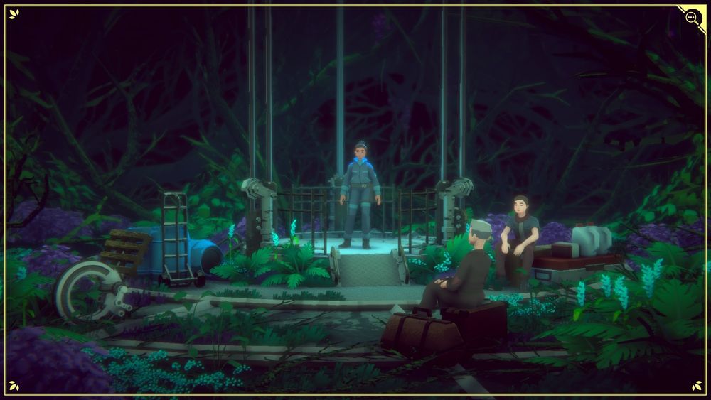 game screenshot: mysterious camera pan over an underground location with customized character in the center of an elevator contraption