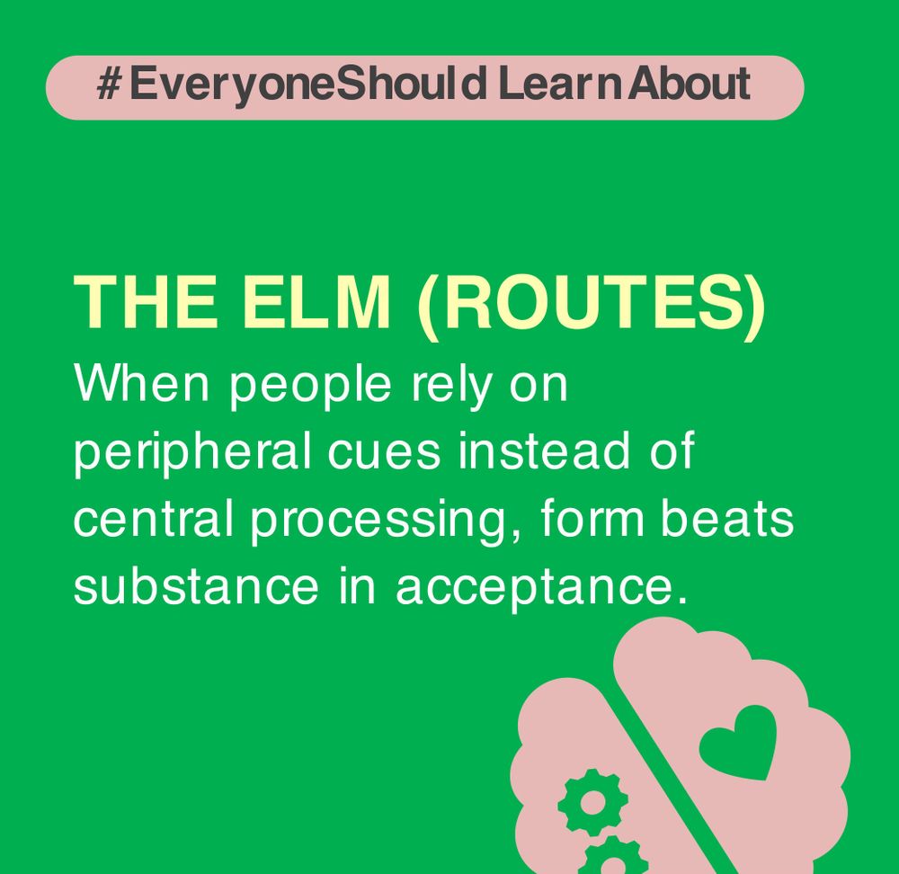 The ELM (routes): When people rely on peripheral cues instead of central processing, form beats substance in acceptance. #EveryoneShouldLearnAbout #CriticalThinking #Research #Stats #EvidenceBased