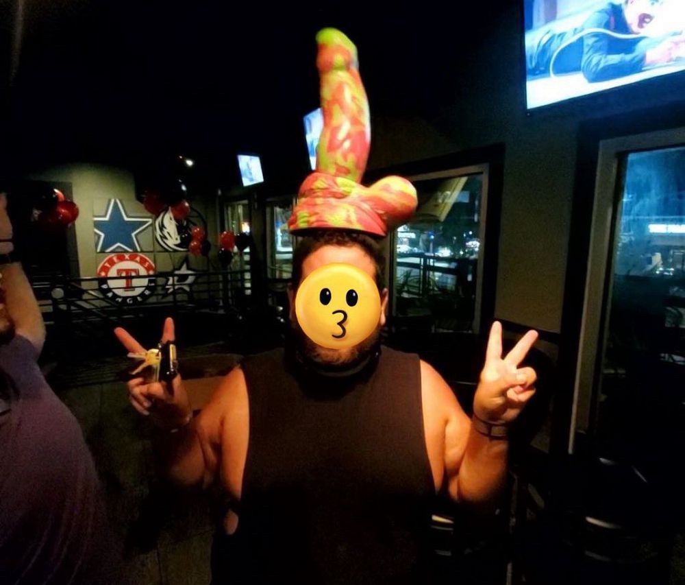 Me imitating an old meme with a XL Bad Dragon dildo on my head