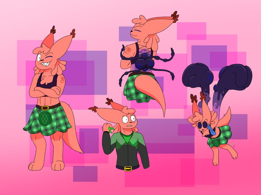 multiple images of an anthro version of Hunter from Rain World. they wear a green and aubergine plaid tartan kilt with a No Significant Harrassment symbol on their Sporran. they also have a tank top with an open back designed specifically for their rot cyst when it comes out. on the right is an example of what they look like when they actually use their rot