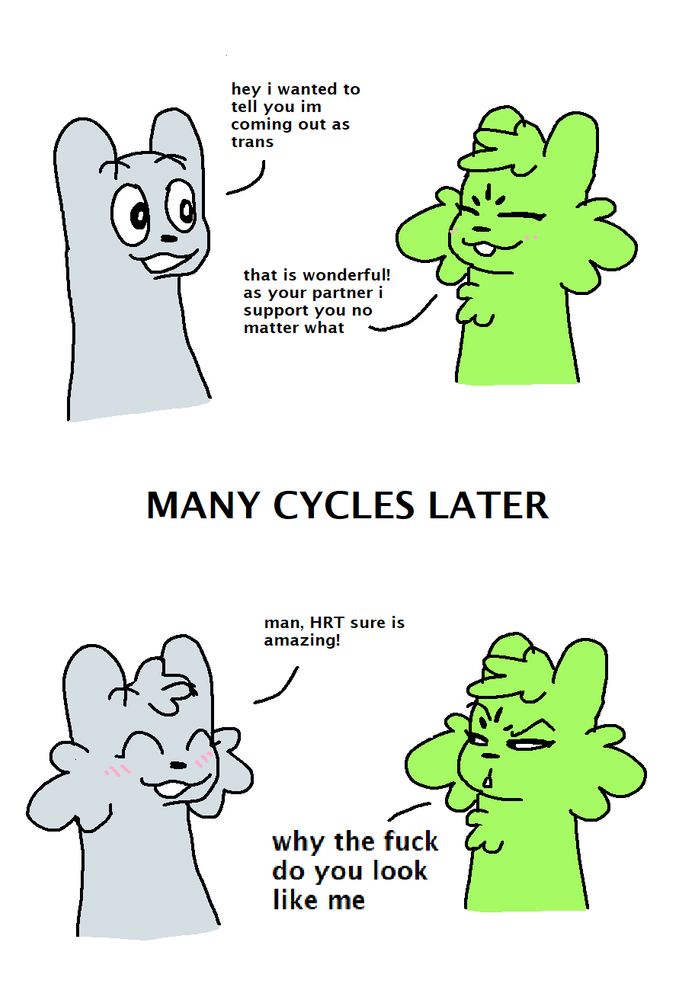 panel 1:

survivor: hey i wanted to tell you im coming out as trans

saint: that is wonderful! as your partner i support you no matter what

MANY CYCLES LATER

panel 2:

survivor [now looking like saint]: man, HRT sure is amazing!

saint: why the fuck do you look like me