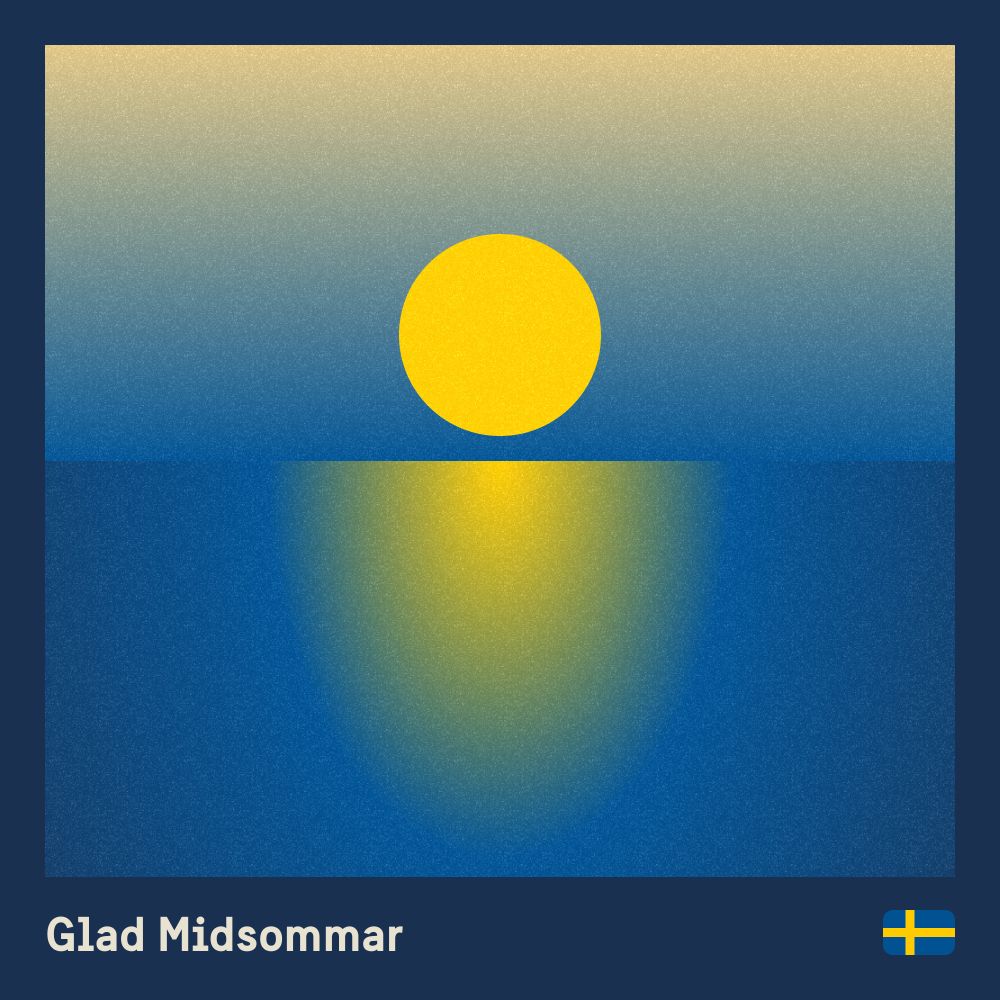 A simple illustration of the midnight sun - a phenomenon visible near the arctic circle where during the summer months, the sun will approach the horizon but will not fully set. Text caption reads 'Glad Midsommar' (EN: Happy Midsummer)