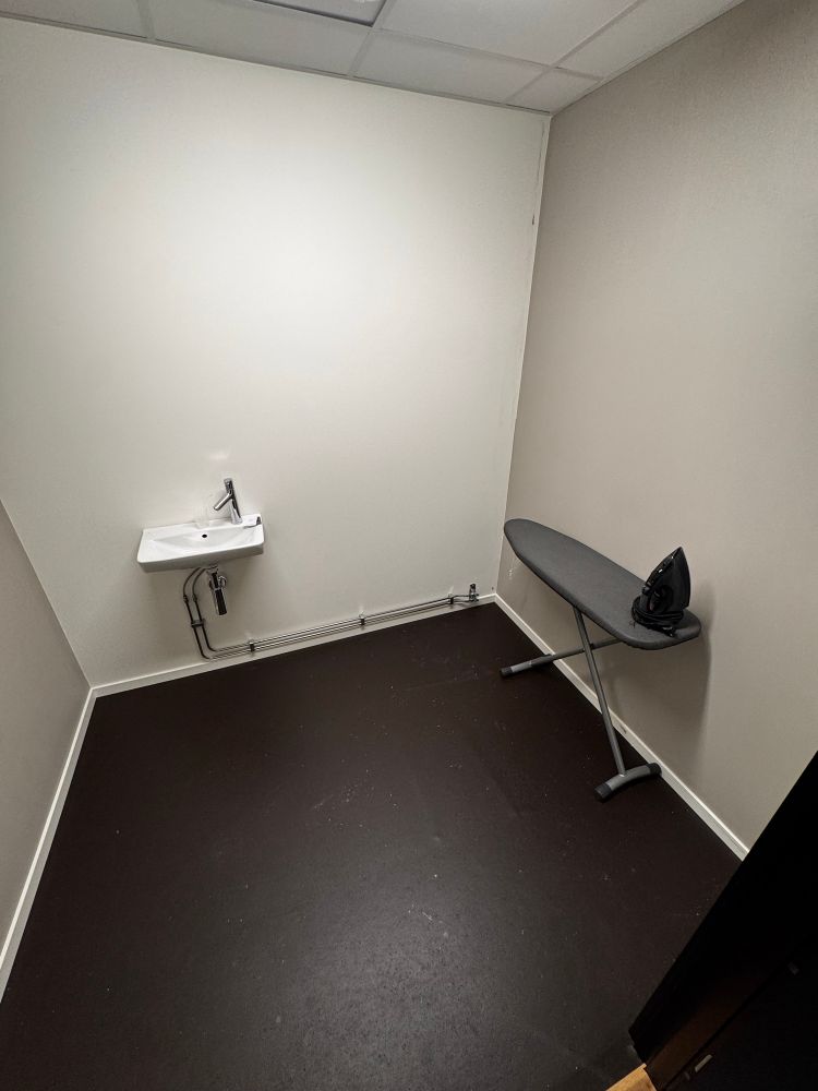 a room containing ONLY a small basin, an iron, and an ironing board 