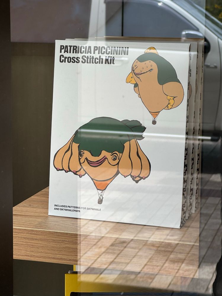 A picture of the Patricia Piccinini skywhale balloon as a cross-stitch kit. It is a hot air balloon that was commissioned by the Australian government to commemorate the founding of its capital city Canberra.