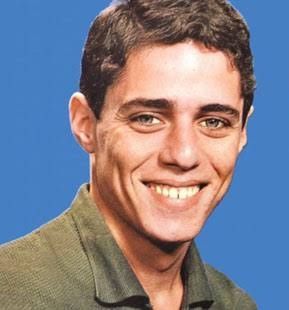 Chico Buarque jovem sorridente usando camisa Polo verde com fundo azul