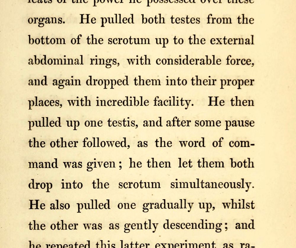 Text from an 1833 medical book on The Testicle, describing a demonstration by a man who could raise and lower each spud independently.