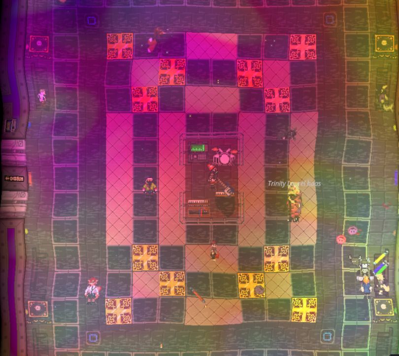 screenshot of glenn in the dance floor area, which is filled with vapor and glowing in rainbow colors. the screen has a psychedelic distortion overlay on it.