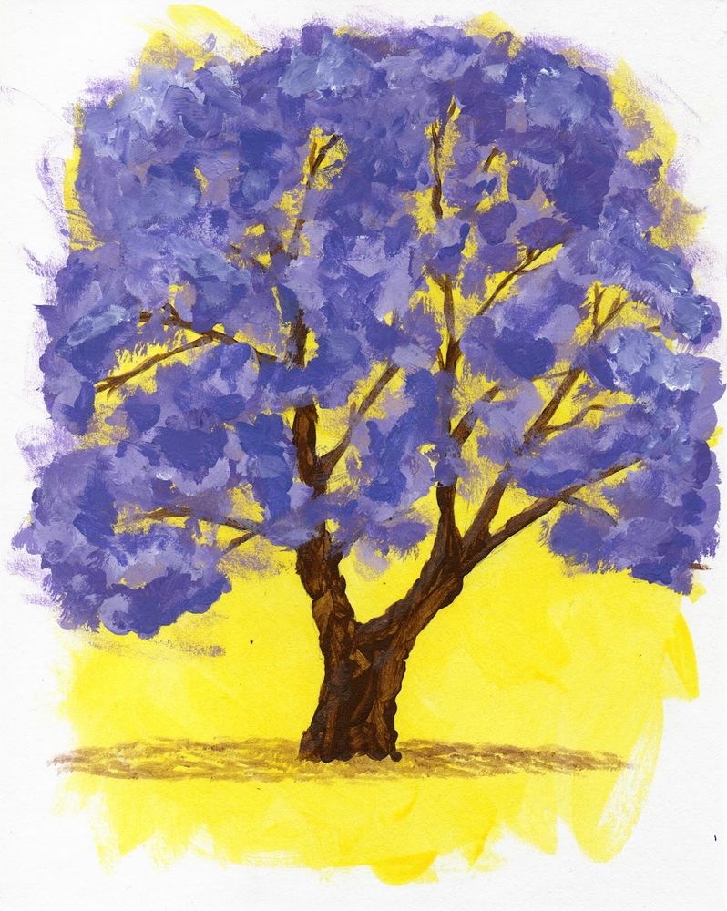 Acrylic on paper painting of a large jacaranda tree