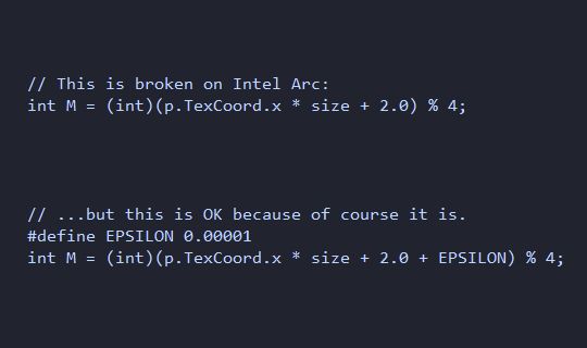 Part of an HLSL shader that only works correctly on Intel Arc GPU hardware when an infinitesimal epsilon constant is added to one of the equations.