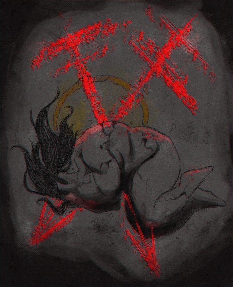 Vent piece of my sona Untime, curled into a ball and being pierced by bright red cross-like arrows. Their Binding Ring is broken and cracks start spreading throughout their form as they begin to deteriorate.