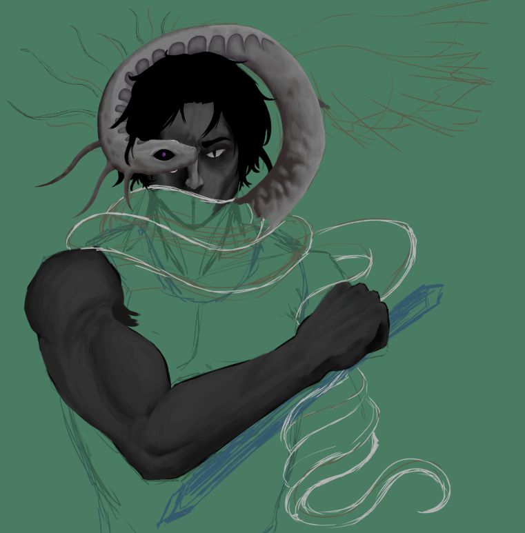 A serpent is now rendered in partially, its head sitting over the right eye of Malcolm. An eye on the serpent's forehead is open. 