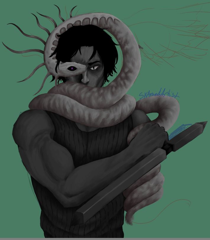 The tank top and tonfa are now painted in, still in greyscale. the snake's shading has a reddish tinge. The only things missing are the serpent's wings and a fittingly dark and dingy background.