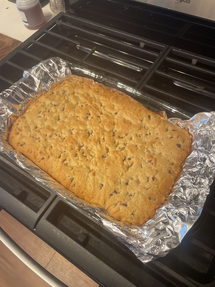 Chocolate chip cookie bars in a 9 x 13 pan