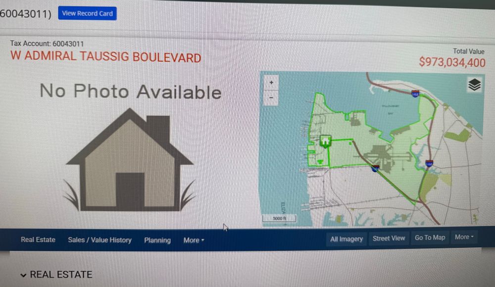 City of Norfolk property record card for Naval Station Norfolk Tax account 60043011 W Admiral Taussig Boulevard Total value $973,034,400