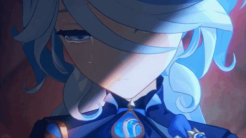 a close up of a blue haired anime character with tears in her eyes