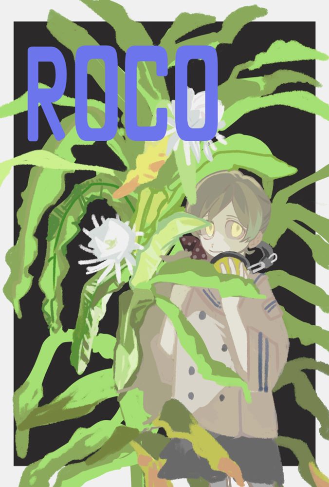 ロコと月下美人のイラスト

月下美人に埋もれるようにしてロコが立っている
ロコは全体にグレーの影がかかり、目だけが発光している

背景は黒で、白く縁取りがしてある
左上に青く「ROCO」と文字が入れてある