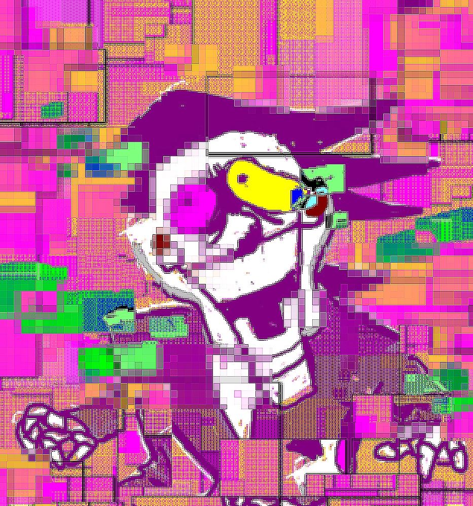 A spamton in pink and purple colors that is broken up and mixed with different resolutions, making him highly pixelated in areas.