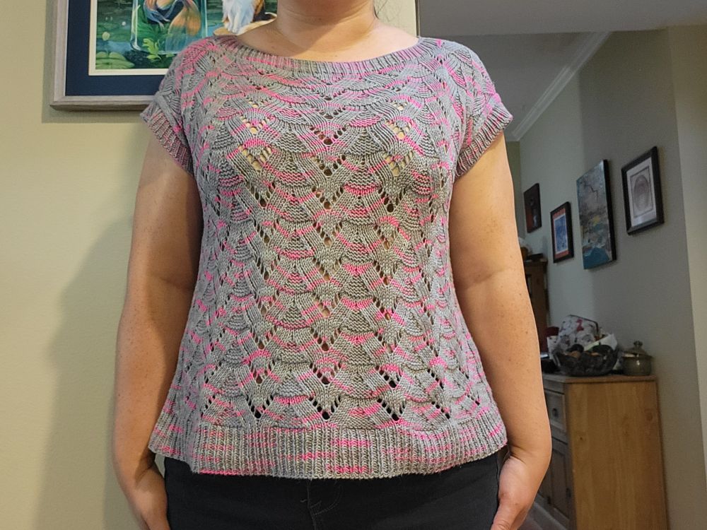 Woman wearing a gray and pink lace short-sleeved top, front view.