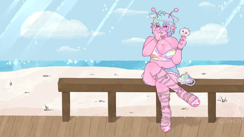 digital art of a boardwalk in front of a beach. the pink alien ufomie is sitting on a railing eating an ice cream that looks like her mascot, moochi. she is looking at the camera, and licking vanilla ice cream off her hand. it has also dripped onto her chest.