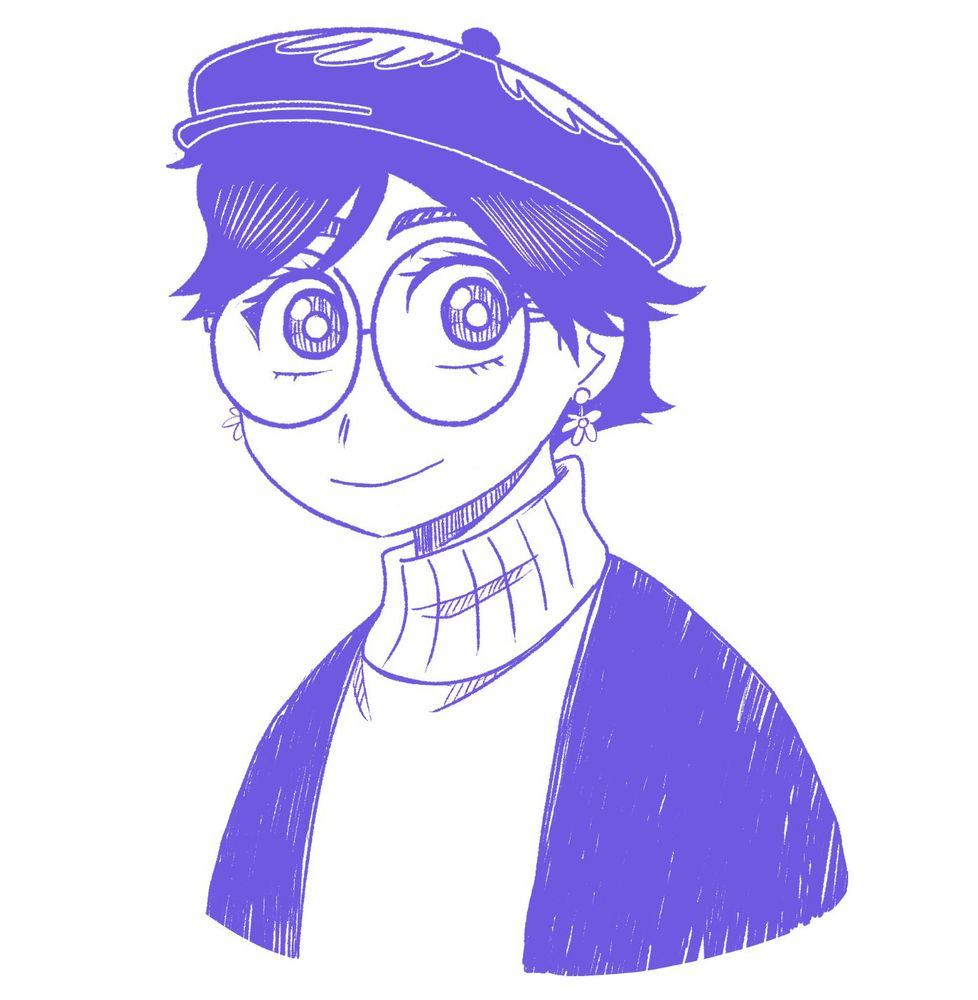 Anime-style self portrait wearing a beret, cardigan, and turtleneck
