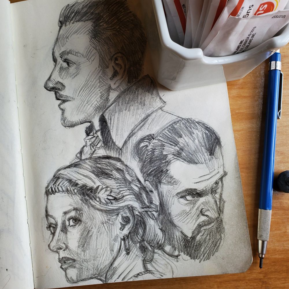 Pencil sketchbook portraits of 2 men and a blond woman wearing a gold laurel