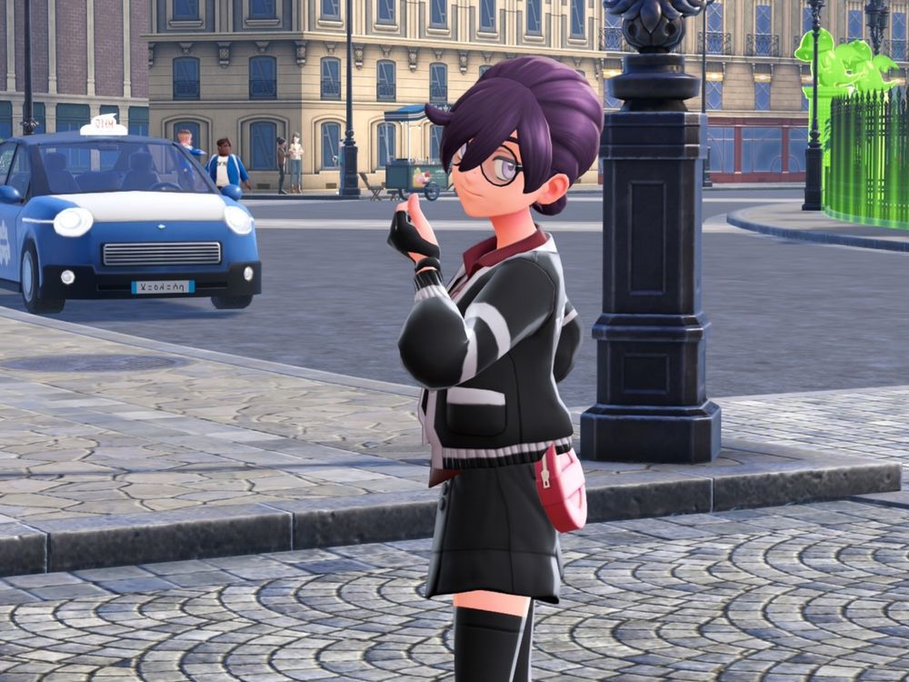 a player character from the game Pokemon Legends Z A with tied back purple hair and long bangs in a jacket and skirt with thigh highs