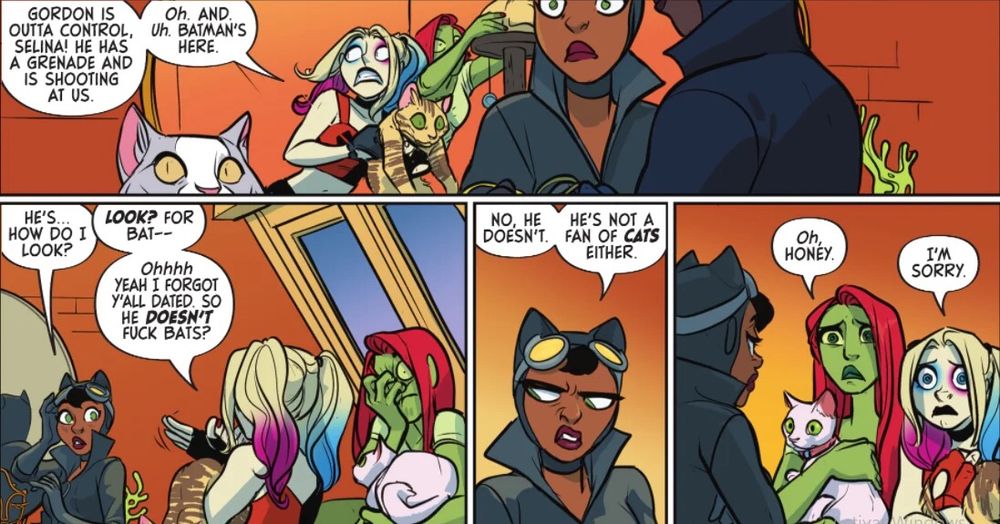 Harley Quinn and Poison Ivy hanging out with Catwoman (and several cats) 

HQ: Gordon is outta control, Selina! He has a grenade and is shooting at us. oh, and uh…Batman‘a here. 

Catwoman: He’s…how do I look? 

HQ: Look? for Bat— Ohhhh yeah I forgot y’all had dates. So he DOESN’T like bats?

Catwoman (upset looking): No, he doesn’t. He’s not a fan of CATS, either.

Poison Ivy (looking sad): Oh, honey. 

HQ (looking sad): I’m sorry.
