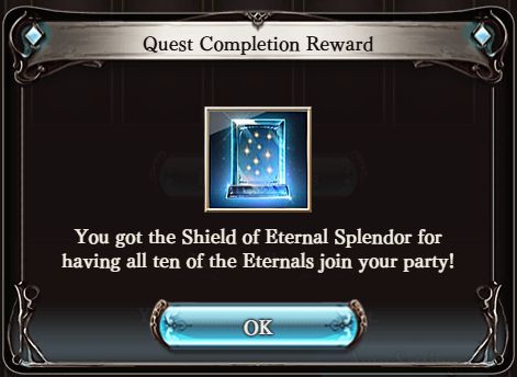 Screenshot of Granblue Fantasy's quest-reward window after obtaining the Shield of Eternal Splendor, signifying having recruited all ten Eternals.