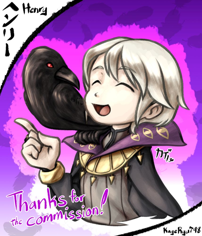 Henry from Fire Emblem: Awakening with a crow on his shoulder. He's cracking a joke, which almost certainly involves a cawful pun.