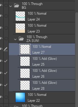Screenshot of some layers in a CSP file. Most retain their default Layer # name, with one folder named "ZA SUN!" in reference to The Sun stand from JoJo's Bizarre Adventure.