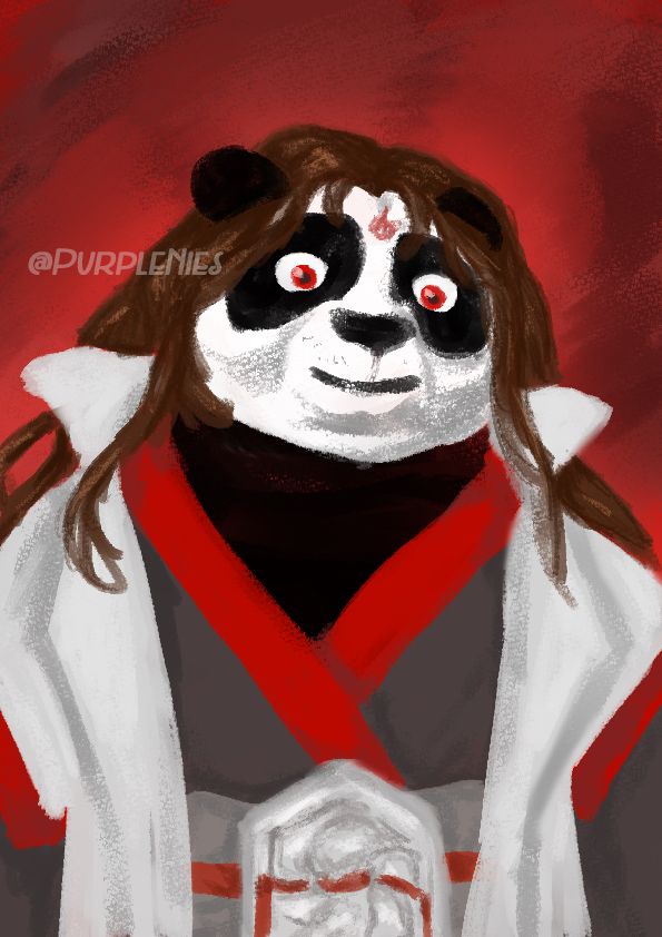 painting of demon emperor luo binghe as a panda. He is wearing his robes and has his hair down, but his eyes have seen horrors.