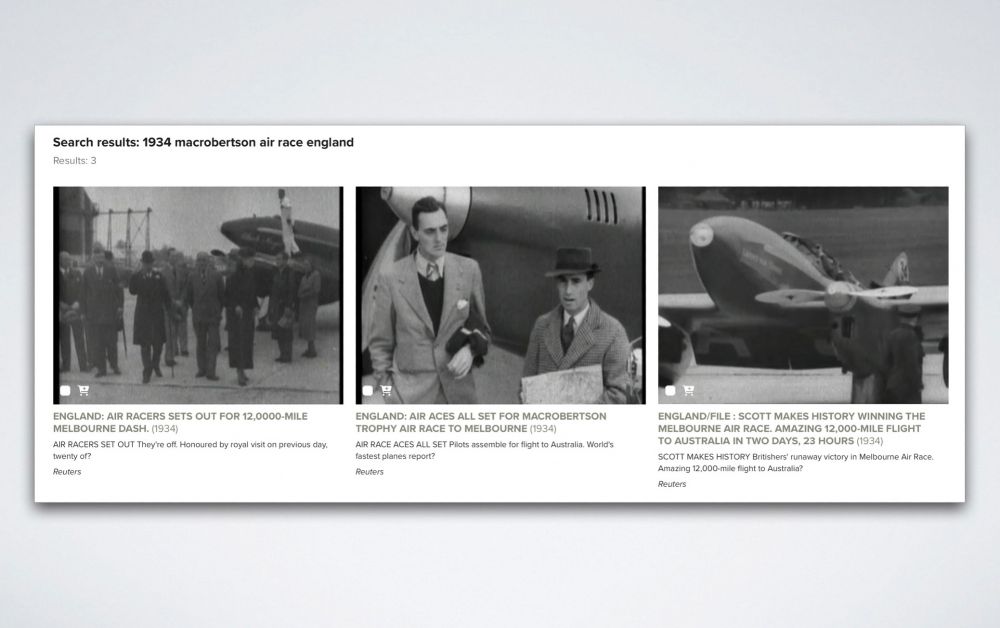 A screenshot of the search results for the air race mentioned in the post. Stills from the three films are shown, all in black in white, along with a description of each. Various planes and participants are shown and in particular, the de Havilland Comets which participated in the race that year.