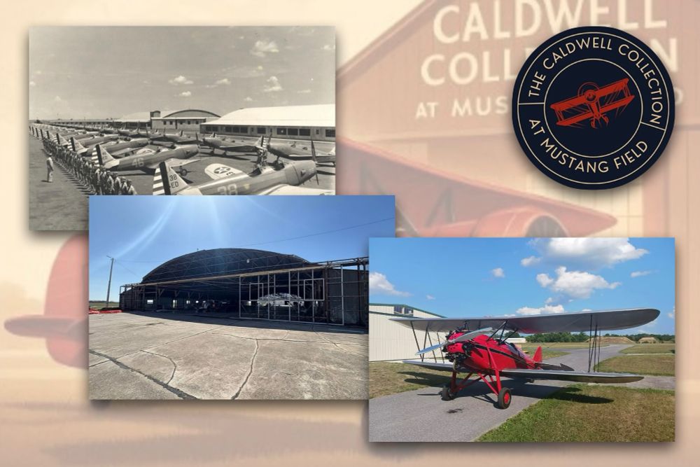 A montage of three photos representing various aspects of the Caldwell Collection based in El Reno, Oklahoma. Top left: an old black and white photo of the field when it was set up as a training base for the Army Air Force. Bottom left: the main hangar undergoing renovation. Bottom right: An 1930 Waco RNF biplane parked in front of a hangar. The aircraft has a red fuselage and silver wings. In the top right corner is the round, mostly black logo of the collection which says « THE CALDWELL COLLECTION AT MUSTANG FIELD » around the periphery and surrounding a stylised red biplane graphic. In the background is a graphic also showing a red biplane in front of a hangar with « THE CALDWELL COLLECTION AT MUSTANG FIELD » over the main door. (📸 The Caldwell Collection)