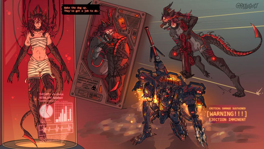 An armored core pilot character in different poses. On the left, they float in a tank, hooked up to wires. In the middle, they're curled up into a crate for transport. On the right, they sprint, evading fire, while carrying a zimmerman-inspired shotgun. Below, their AC is burning, glowing red with visible damage. 