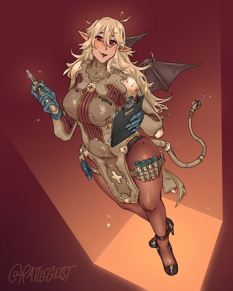 A pretty vampire nurse in a sci-fi outfit. She's holding a clipboard and a blood test vial, prepped for a draw. Her outfit has utility belts on her thighs with elastics, cotton balls, and additional test vials. Her tail has a needle on the end as well. 