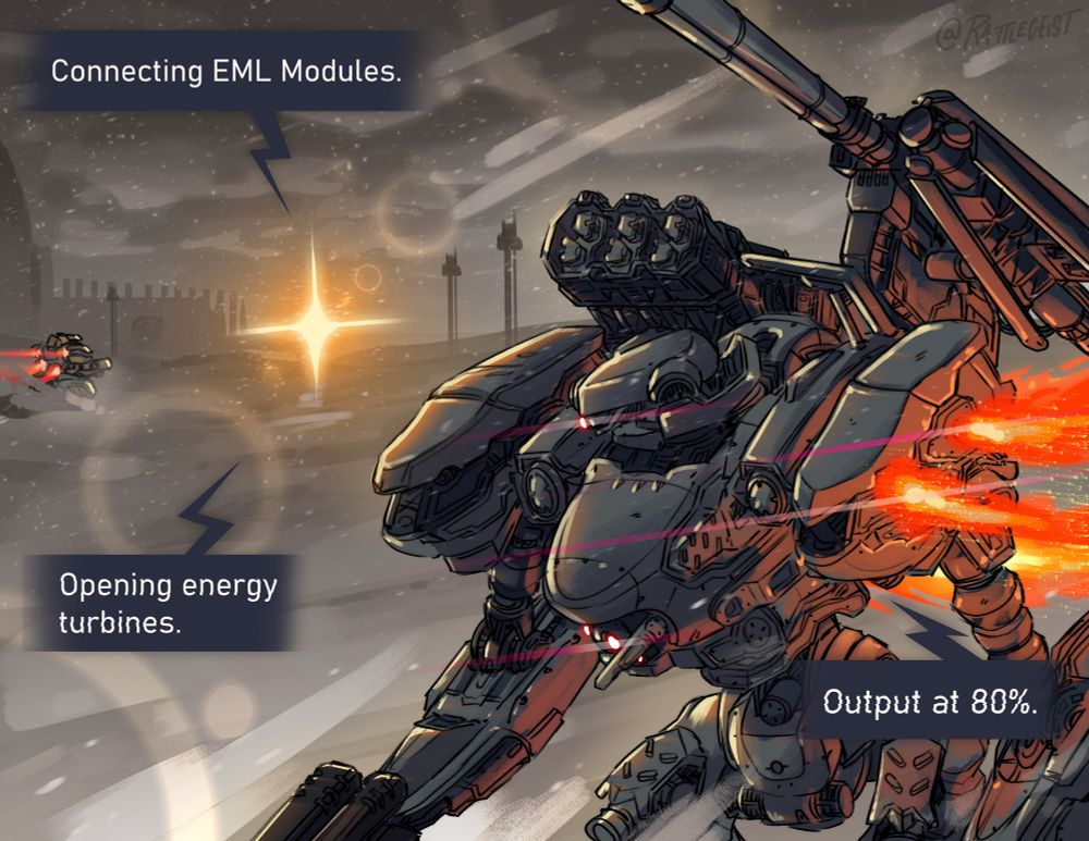 On a snowy field, 621 zooms by in the foreground while chatty is moving in the distance. Over the horizon a flare of light glows from Rusty charging the Overed Rail Cannon.
