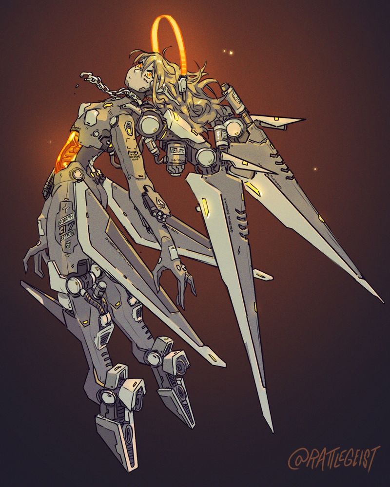 A robot angel with a glowing artificial halo, its wings resemble airplane wings and it has a broken chain dangling from its neck.