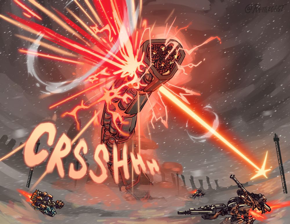 Back in the ice field, a shot from the Overed Rail Cannon blasts a hole into the Ice Worm’s armor, spraying coral into the air, while 621, Iguazu and Chatty circle below.