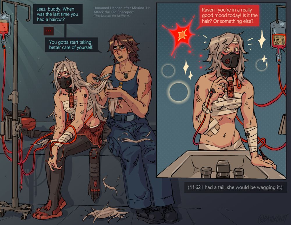 621 from Armored Core 6 is sitting down, getting her long and unkempt hair cut by Rusty. In the next panel, she's blushing a little, and seems very happy about it, which Ayre comments on.