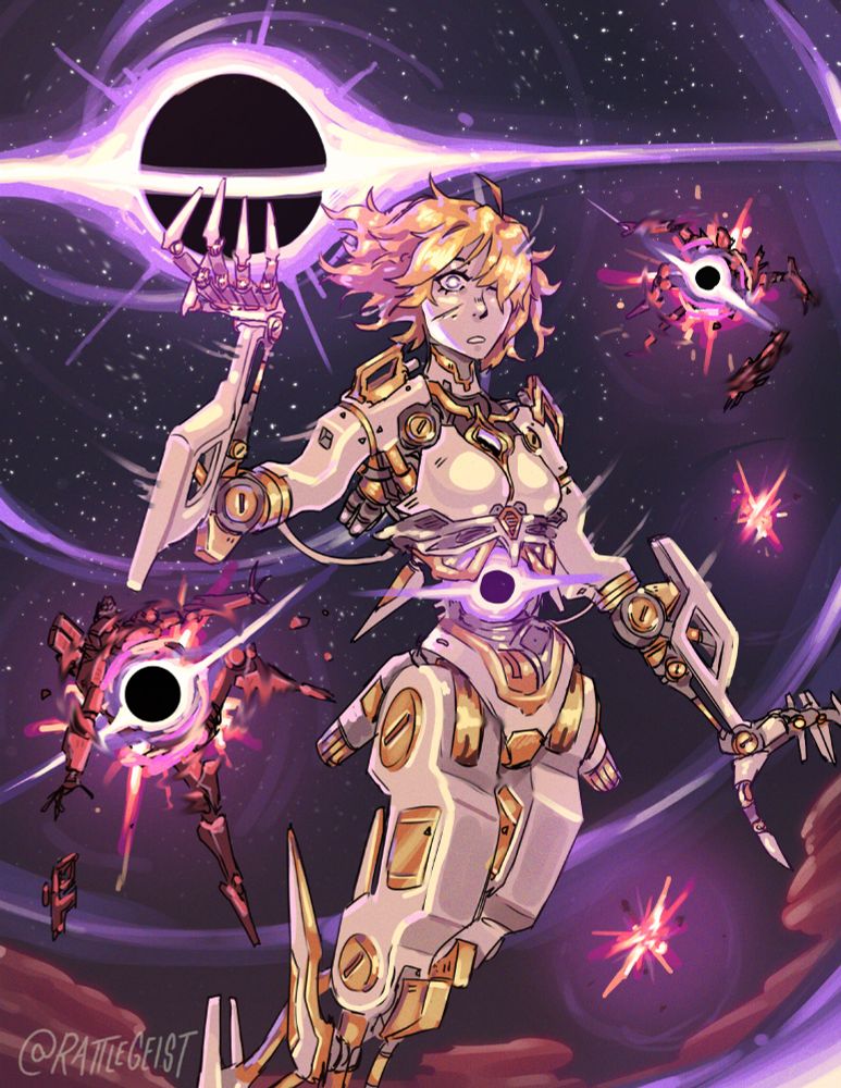 A porcelain-armored android with gold accents summons a black hole in its hand. Behind it, in the sky, miniature singularities implode bipedal mechs.