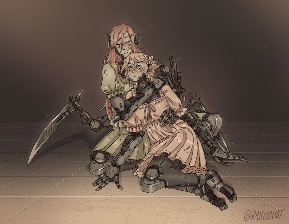 Two combat robots lie on the floor, one leaning on the other. They are both wearing dresses.