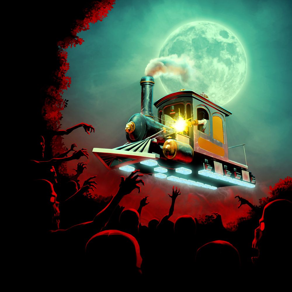Magical rune train flying over a horde of zombies with the driver shotgun shooting out the side.