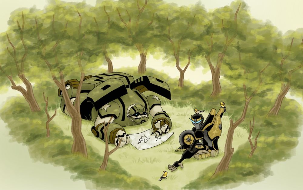 Illustration of TFA Bulkhead and Prowl in a wooded clearing. Goldfinches sit about Prowl while Bulkhead draws them