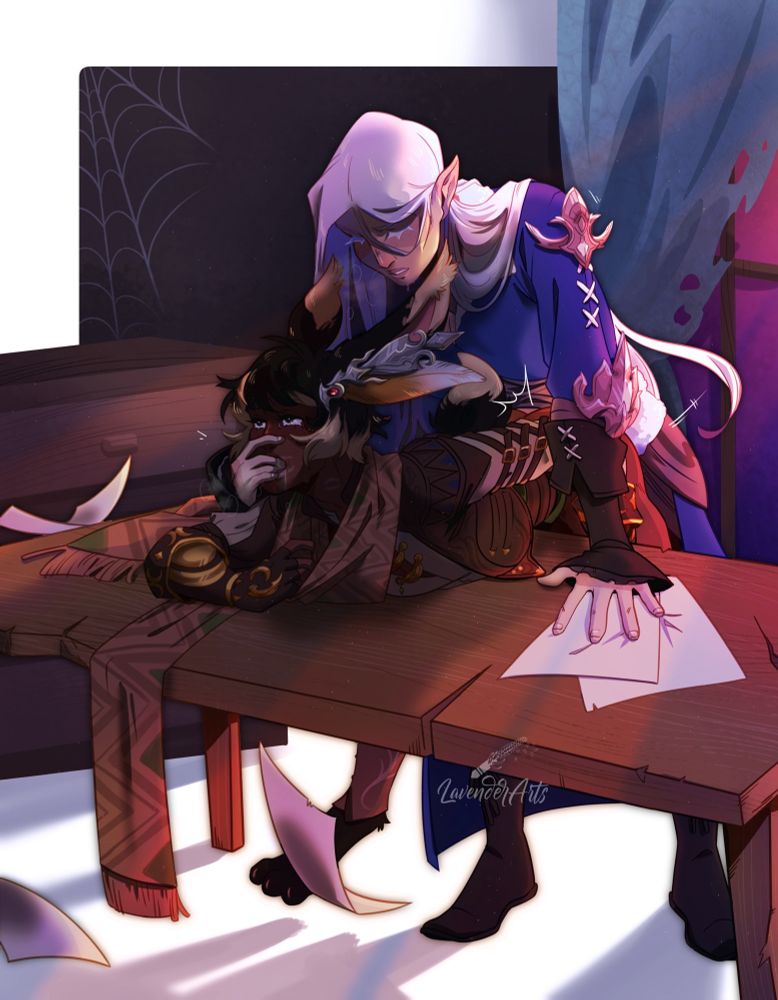 A lined illustration of Y’sale, a tall, pale Elven woman with long white hair and blue robes, bending a Viera with black and white hair, dark skin, and leather armor with a long orange scarf over a desk in a sexual encounter. The situation feels rushed and haphazard, and Y’sale has fingers in the Viera’s mouth to keep them quiet.