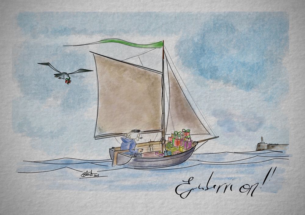 Olentzero navega hacia puerto en una pequeña embarcación a vela cargada de regalos.