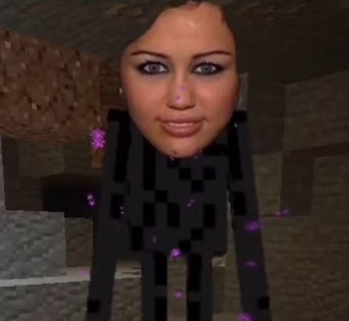 Uma montagem com o rosto da miley cyrus no corpo de um enderman (uma criatura na cor preta, com perna e braços compridos) do jogo Minecraft 