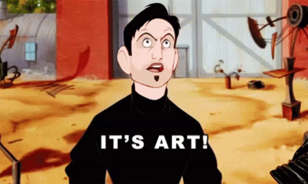 a man in a black shirt says it 's art in a cartoon