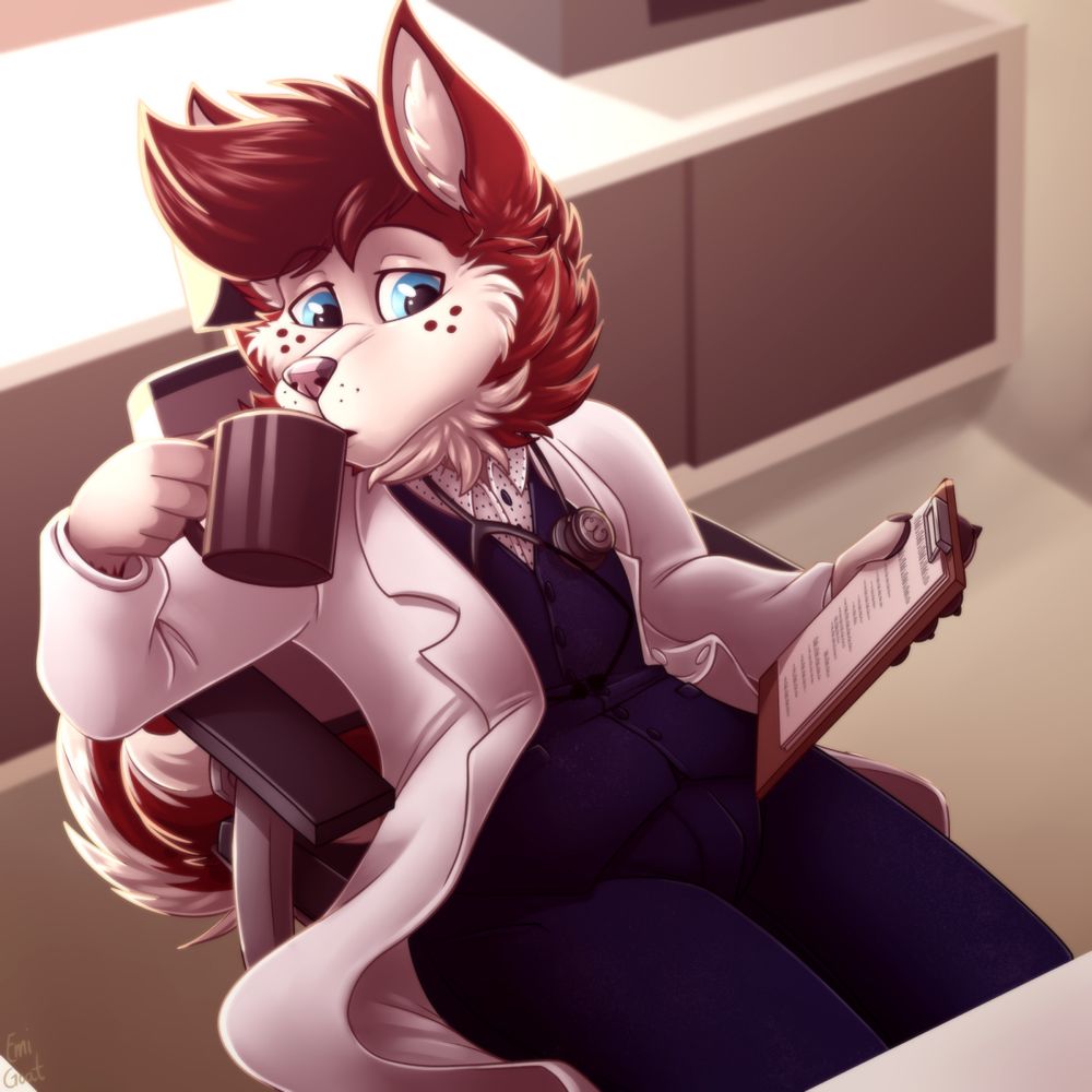 Moonshot the husky wearing a while doctor's robe and leaning back in an office chair. He's sipping a cup of coffee while glancing at a clipboard in his other hand.