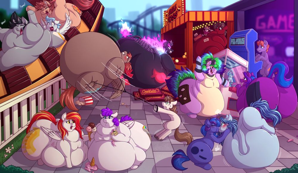14 ponies of varying degrees of chub, air inflation or plushification having fun at a theme park. In the front one has dropped their ice cream and is offered a new one, a couple are sharing a puff kiss with one getting inflated, and a unicorn is desperately trying to keep his helium inflated partner from blowing away in the wind. Behind them in the game area two chubby ponies are trying to win a rarity plushie from a claw machine, a normal sized pony is playing Polybius on an arcade machine, and a fat Kirin is getting flamey and angry as they fail to win back her plushified friend from the ball toss stall. Finally two fat ponies and a non-fat pony are riding a pirate ship attraction. The smaller pony looking terrified as he's trapped in the overfilled attraction.